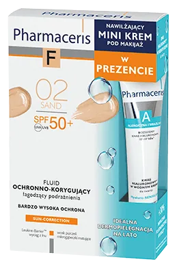 Pharmaceris F zestaw, fluid iochronno-korygujący 02 Sand, 30 ml + Pharmaceris A Hyaluro-Sensilium, kwas hialuronowy w wodnym kremie do twarzy, 15 ml