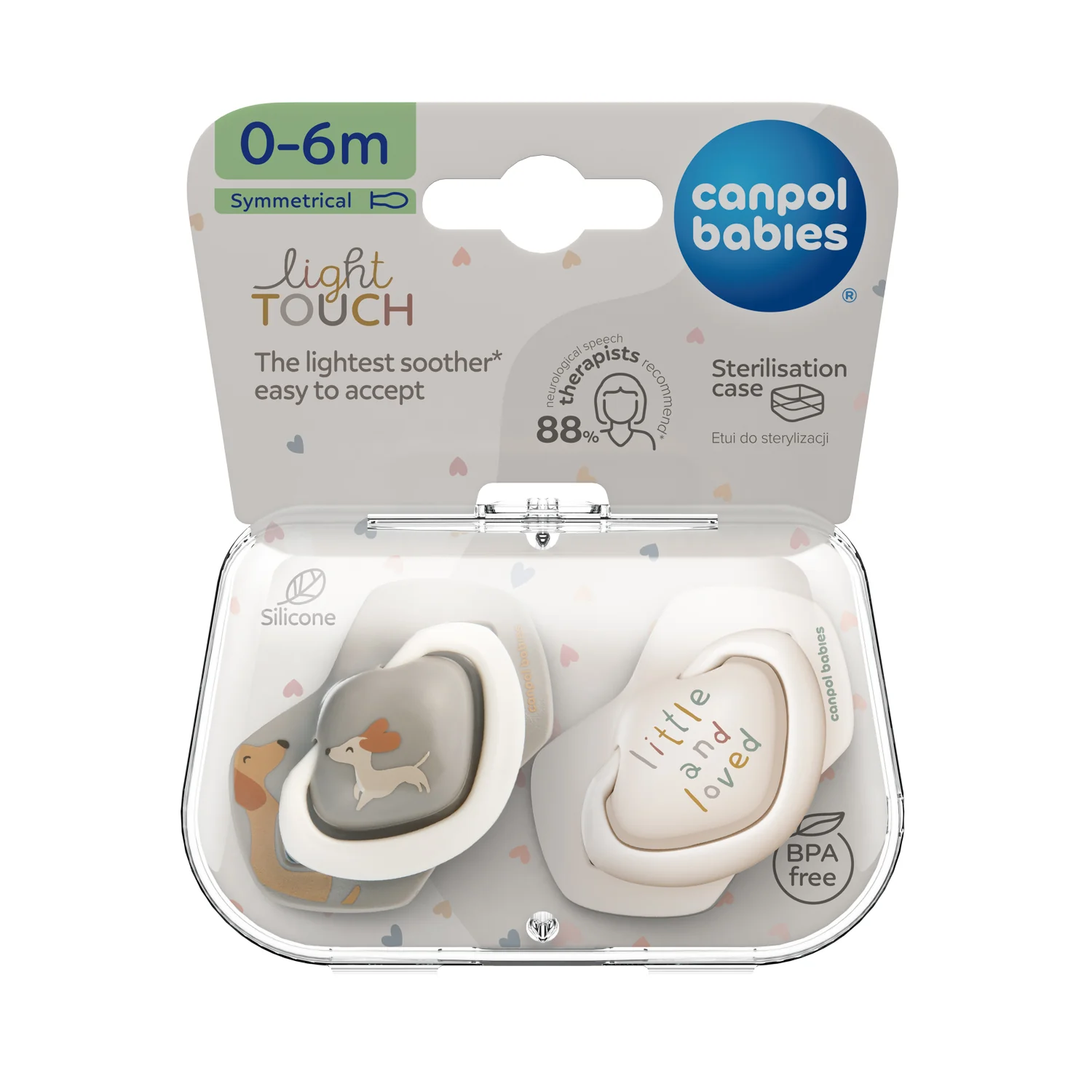 Canpol Babies lightTOUCH Smoczek silikonowy 0-6m symetryczny DOGS, 2 sztuki