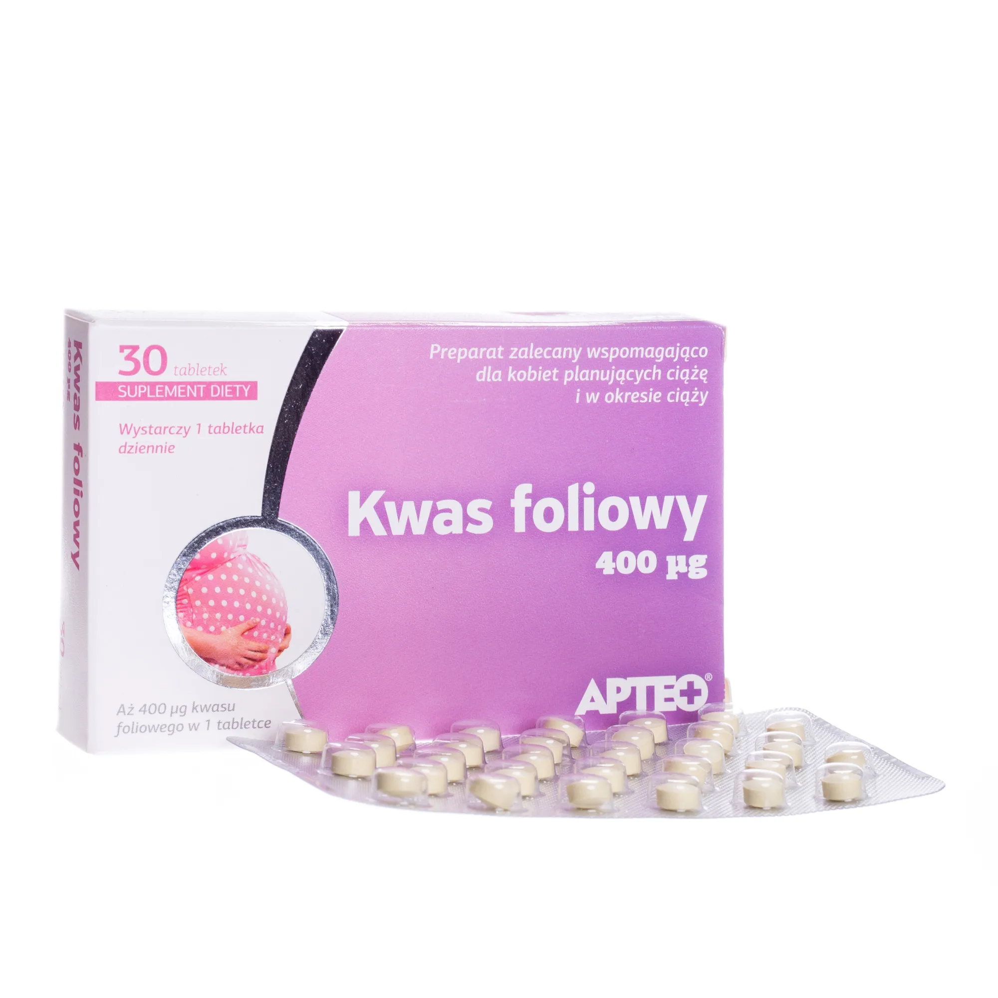 Kwas Foliowy Apteo, suplement diety, 30 tabletek.