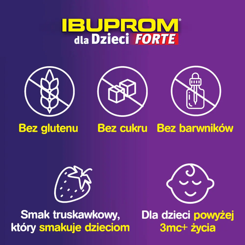 Ibuprom dla Dzieci Forte, 0,2 g/5 ml, zawiesina doustna, smak truskawkowy, 100 ml 