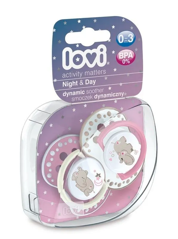 Lovi Night&Day Girl Hippo,  smoczek silikonowy dynamiczny 0-3m, 2 sztuki