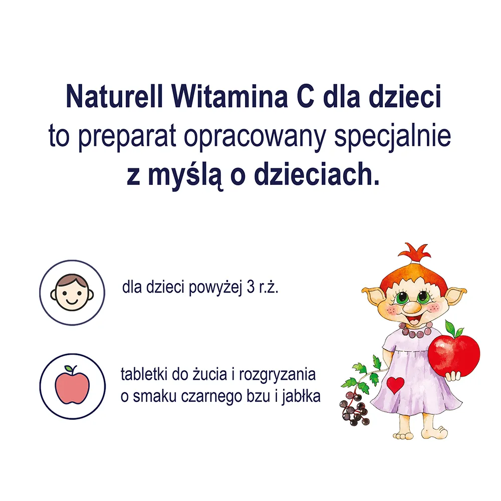Naturell Witamina C dla dzieci, suplement diety, tabletki do rozgryzania i żucia, 60 sztuk 