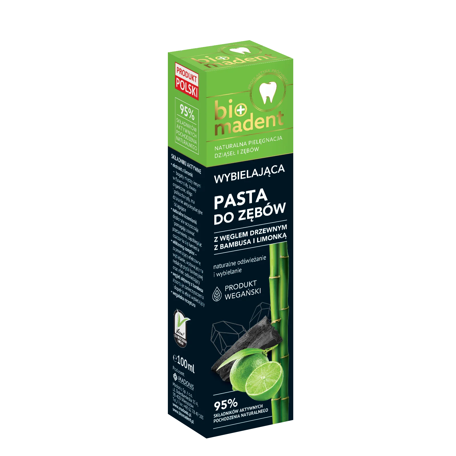 BIO MADENT wybielająca pasta do zębów z węglem drzewnym z bambusa i limonką, 100 ml
