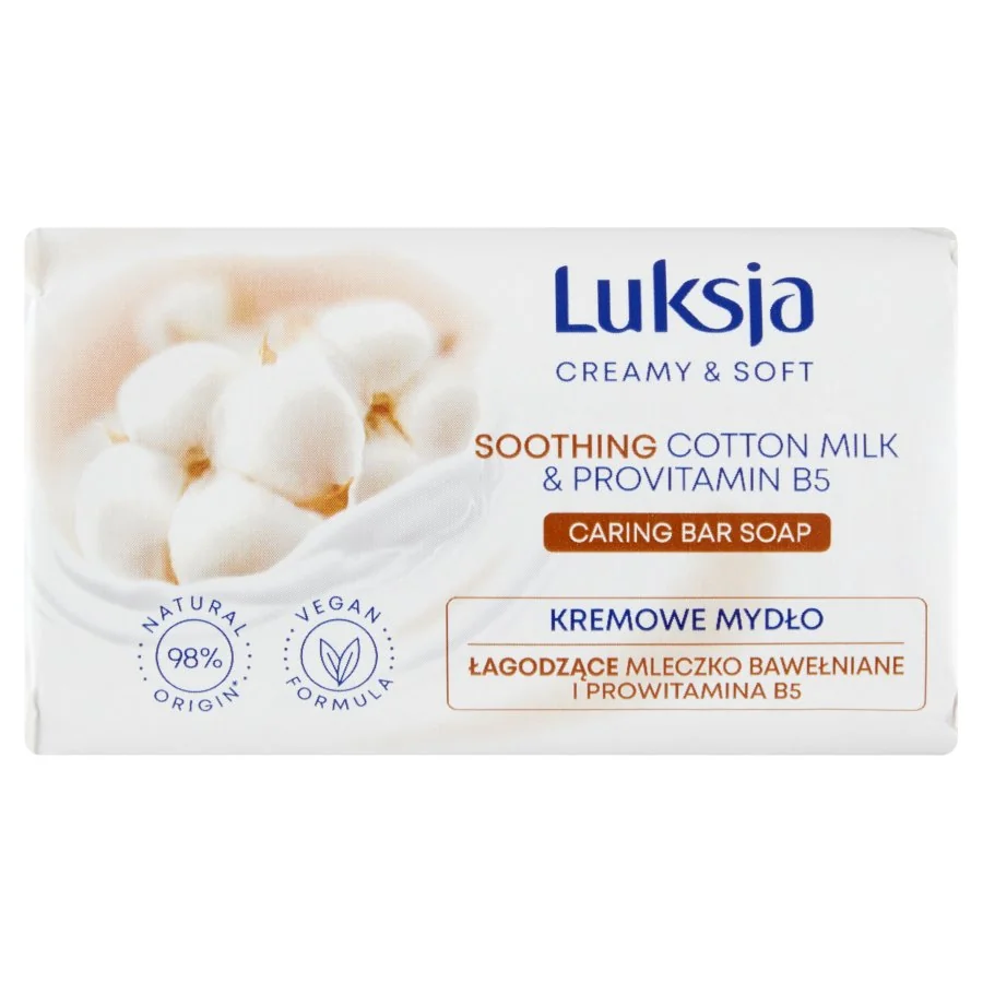 Luksja Creamy & Soft kremowe mydło łagodzące w kostce mleczko bawełniane i prowitamina B5, 90 g