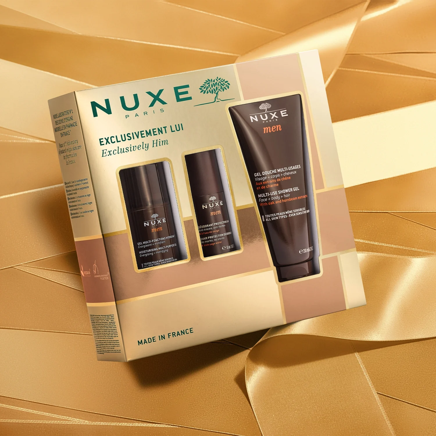 Nuxe Men wielofunkcyjny żel nawilżający do twarzy, 50 ml + dezodorant roll-on 24-godzinna ochrona, 50 ml + wielofunkcyjny żel pod prysznic, 200 ml