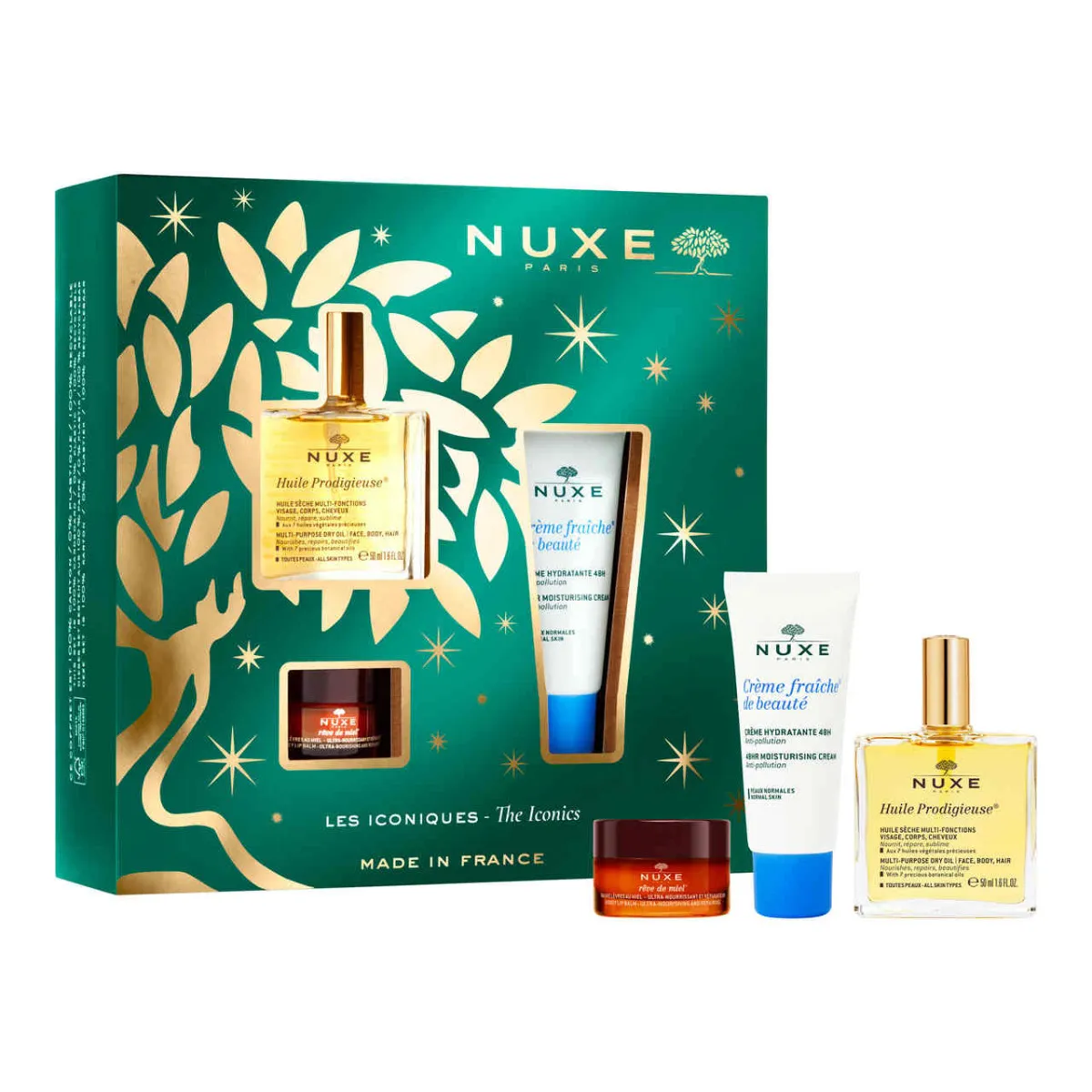 Nuxe Zestaw Xmass 2021, suchy olejek do pielęgnacji twarzy, ciała i włosów, 50 ml +  odżywczy balsam do ust, 15 g + krem do skóry normalnej, 30 ml