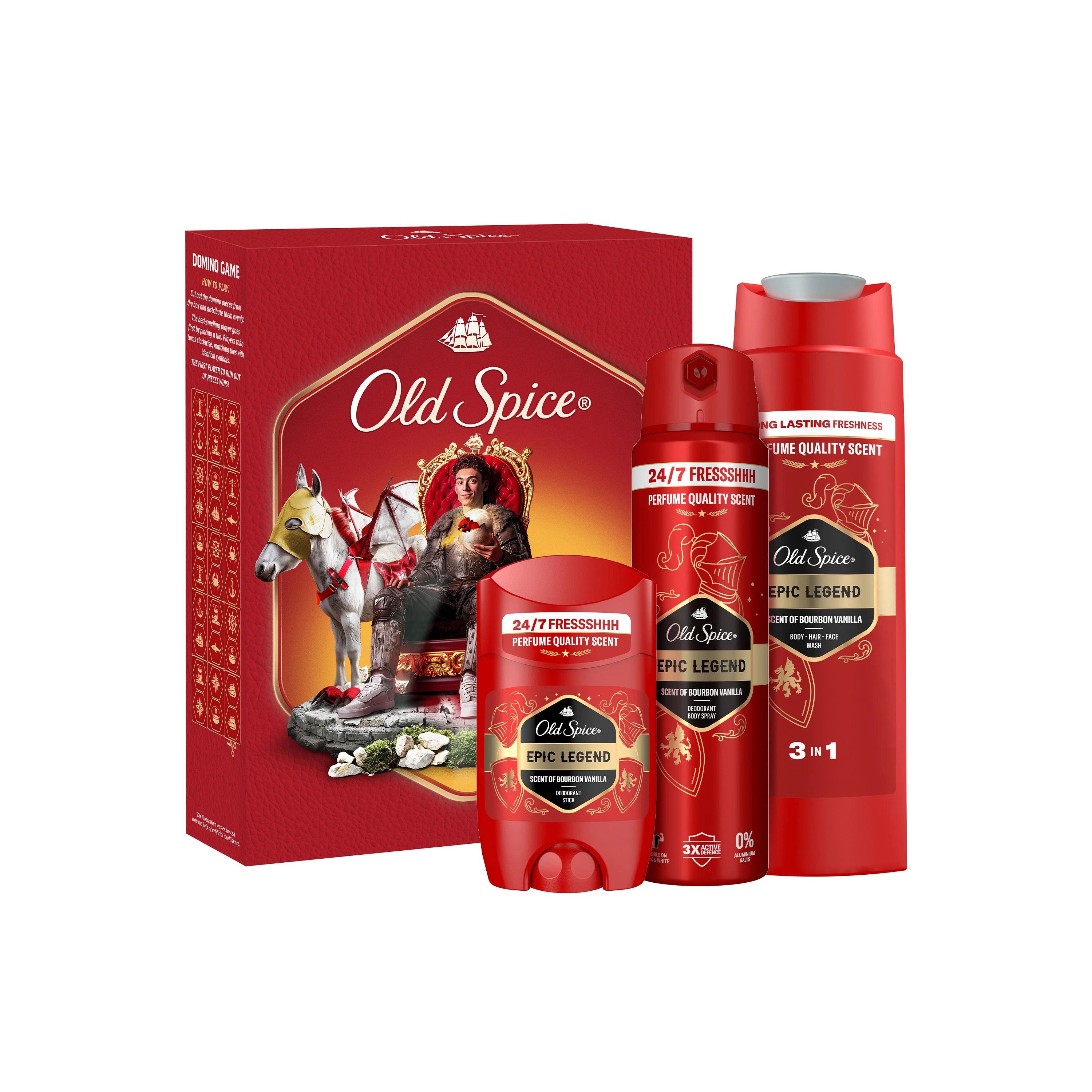 Old Spice Epic Legend Knight Xmass Zestaw dezodorant w sztyfcie, 50 ml + dezodorant w sprayu, 150 ml + żel pod prysznic, 250 ml