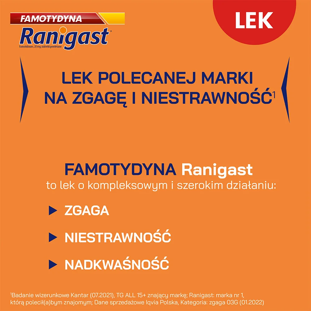 Famotydyna Ranigast 20 mg, 20 tabletek powlekanych
