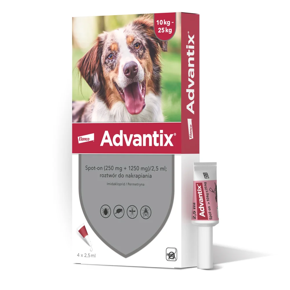 Advantix Spot-on Na Kleszcze i Pchły (250 mg + 1250 mg)/2,5 ml; roztwór do nakrapiania dla psów 10 - 25 kg, 4 x 2,5 ml