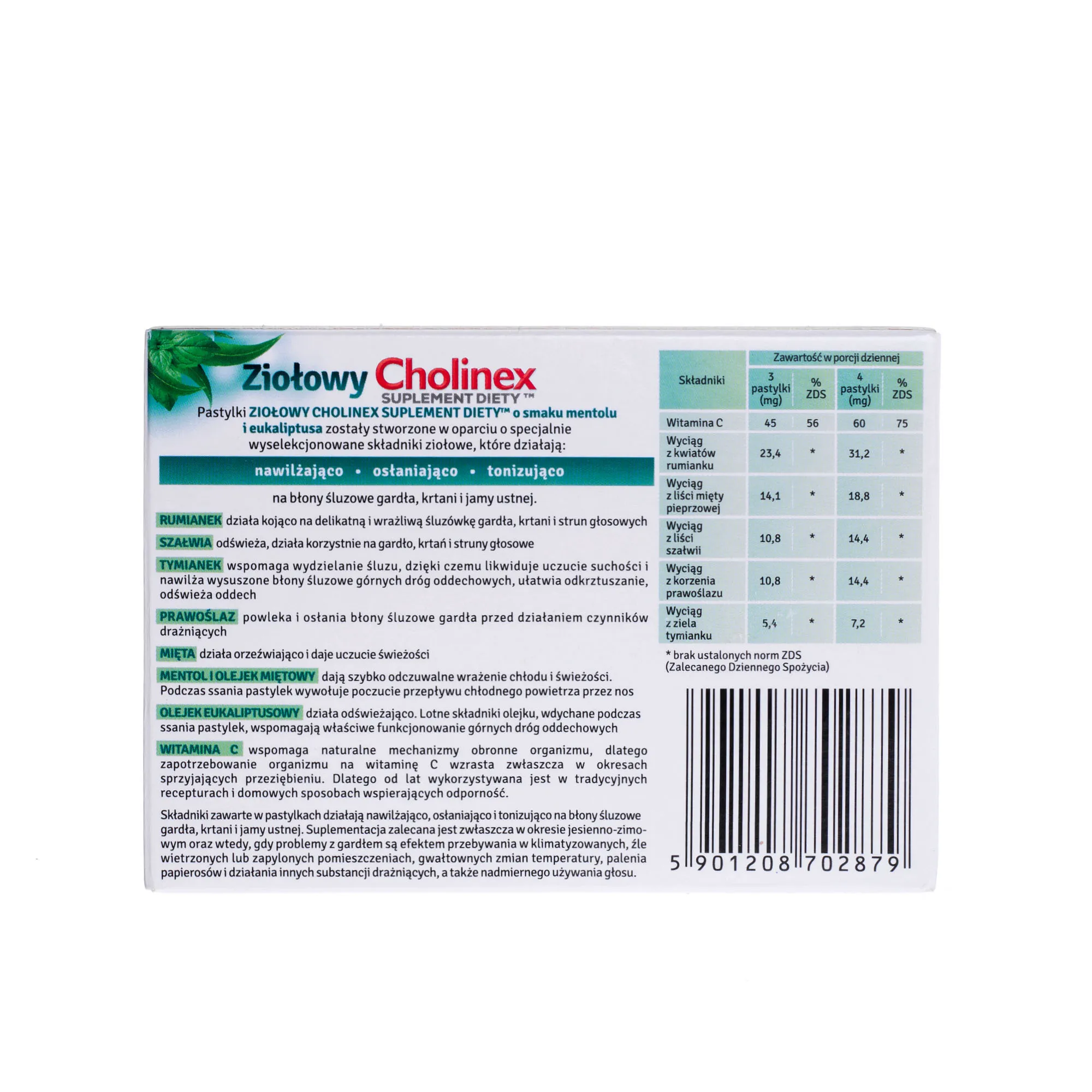 Ziołowy Cholinex, suplement diety, o smaku mentolu i eukaliptusa, 16 pastylek do ssania 