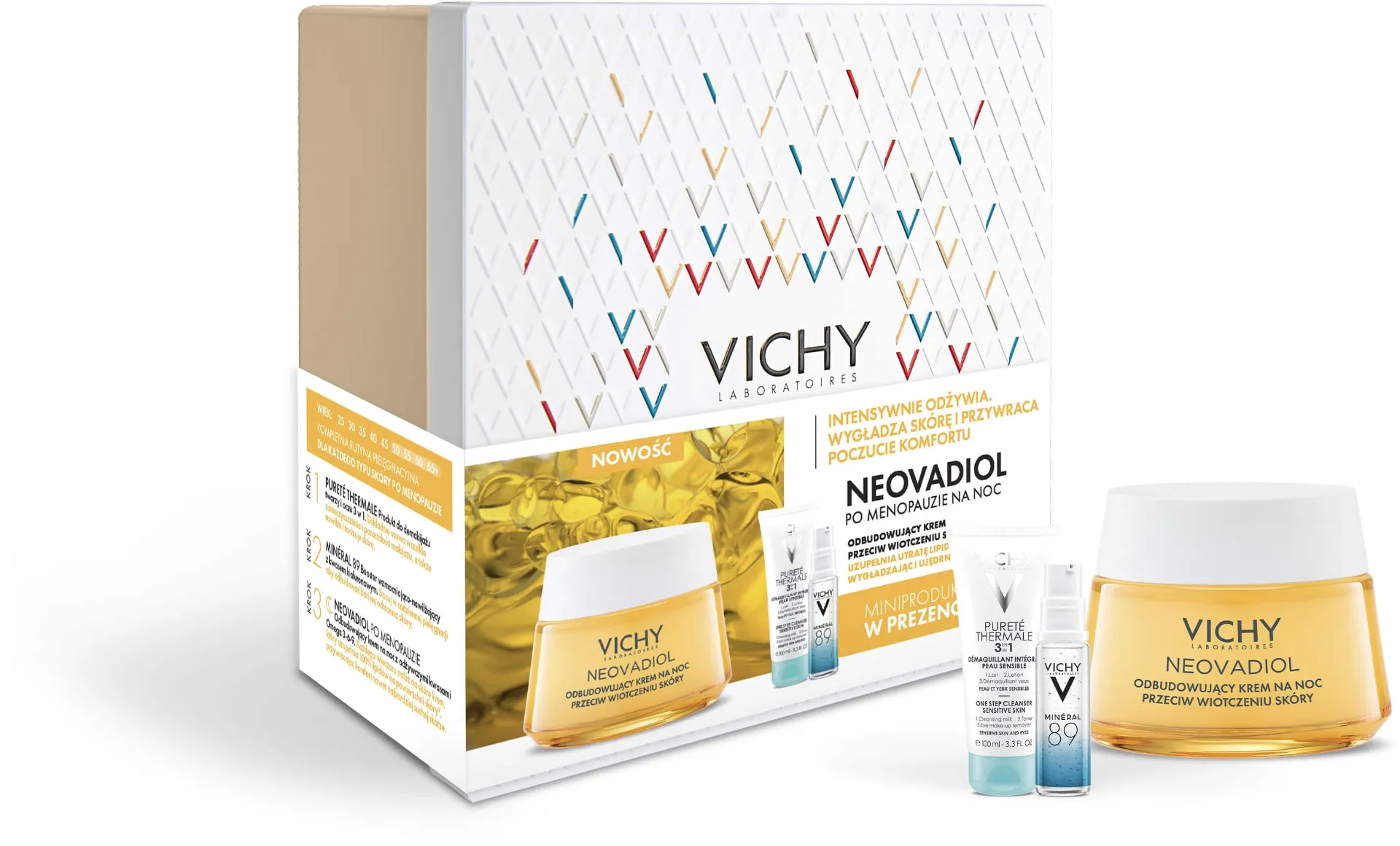 Vichy Zestaw Neovadiol Po Menopauzie, odbudowujący krem na noc z odżywczymi kwasami Omega 3-6-9, 50 ml + produkt do demakijażu twarzy i oczu 3 w 1, 100 ml + booster wzmacniająco-nawilżający z kwasem hialuronowym, 10 ml