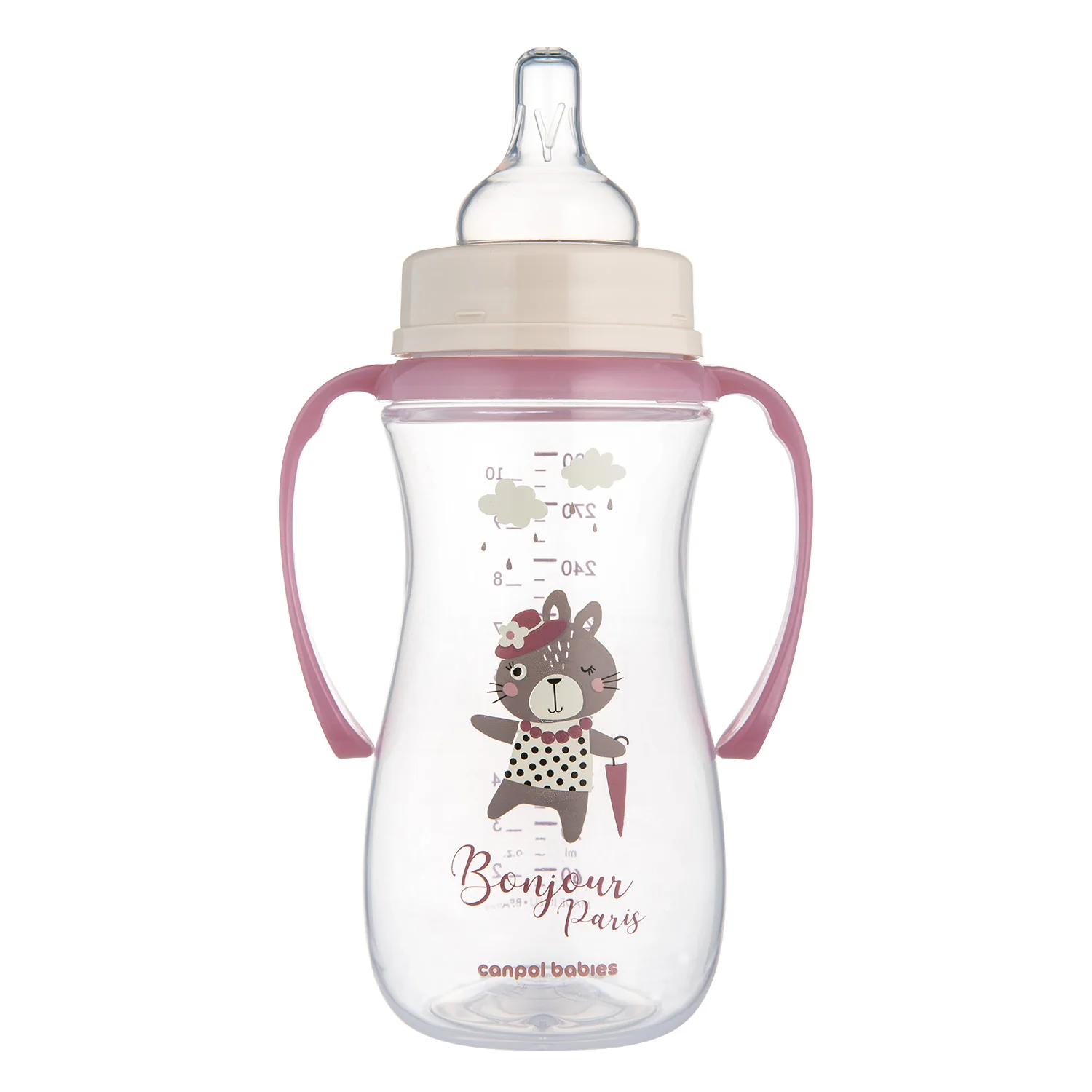 Canpol Babies EasyStart BONJOUR PARIS różowa butelka antykolkowa z uchwytami 300 ml, 1 sztuka