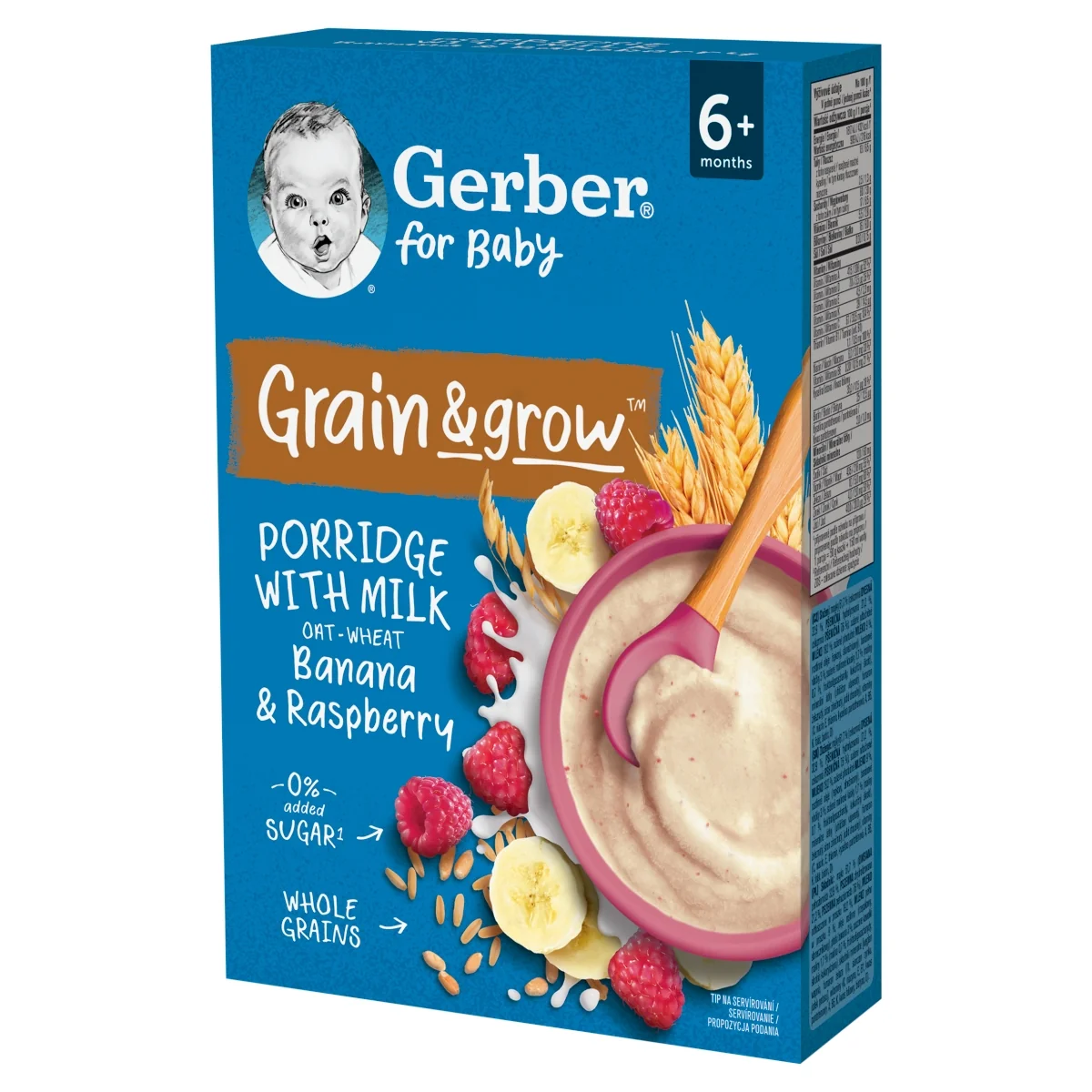 Gerber Grain & grow kaszka owsiano-pszenna mleczna banan malina po 6 miesiącu, 200 g