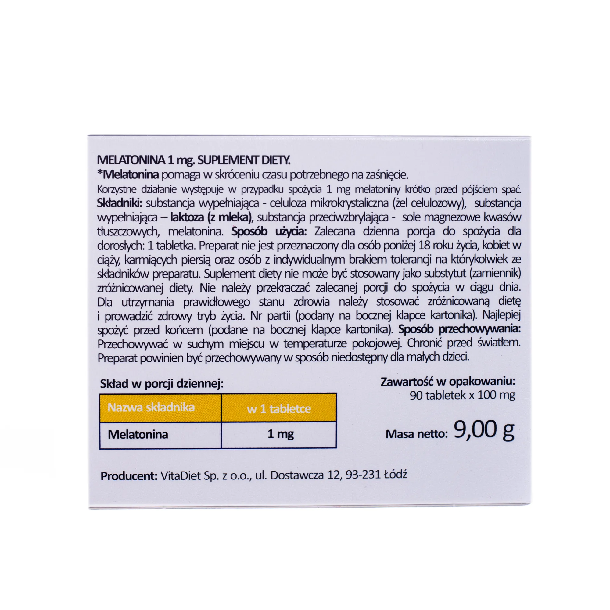 Melatonina, 1 mg, suplement diety, 90 tabletek 
