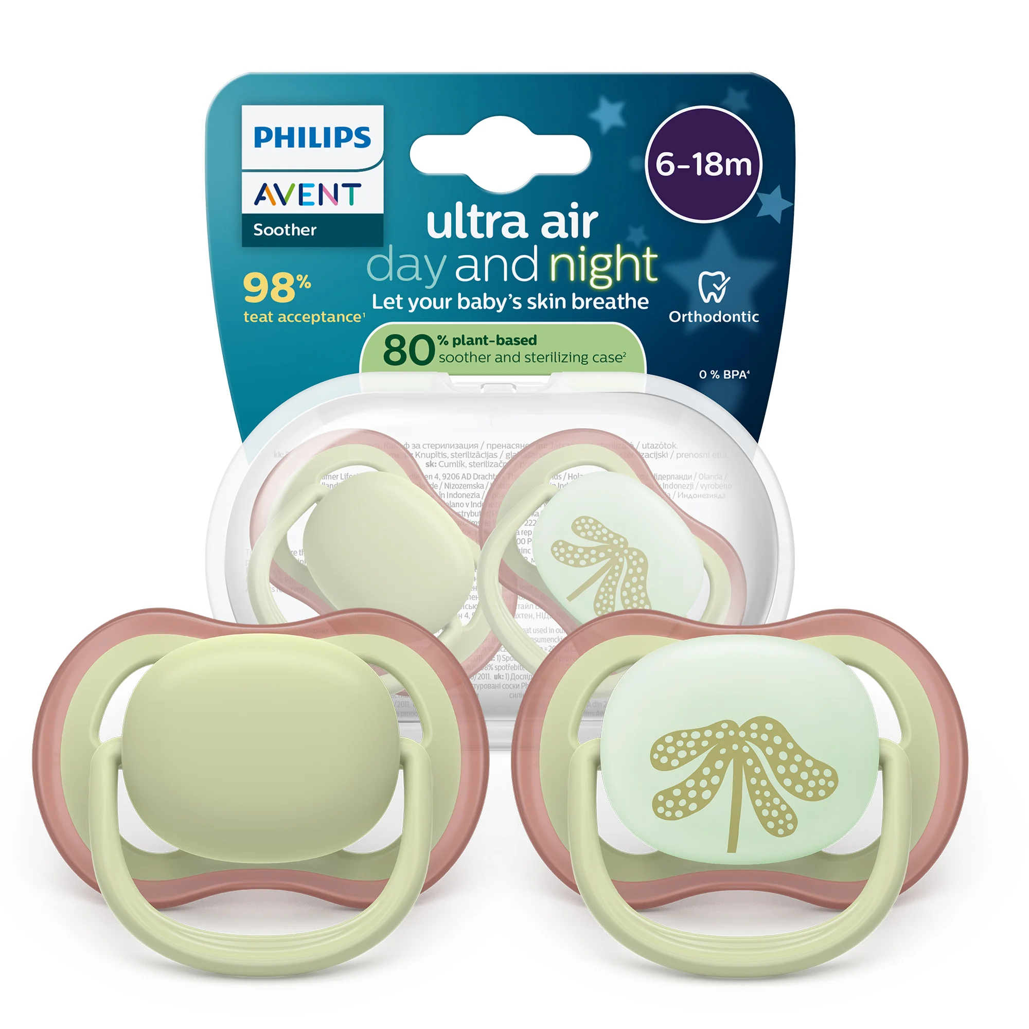 Philips Avent Ultra Air Day and Night ortodontyczny smoczek uspokajający 6-18 m, 2 sztuki