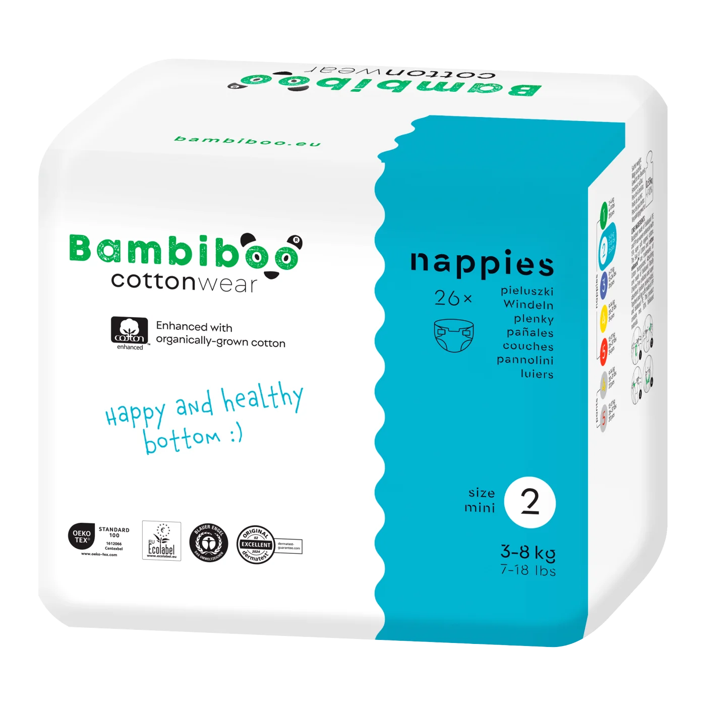 Bambiboo COTTONWEAR jednorazowe pieluszki z bawełną organiczną i wycięciem na pępek rozmiar 2, 26 szt.