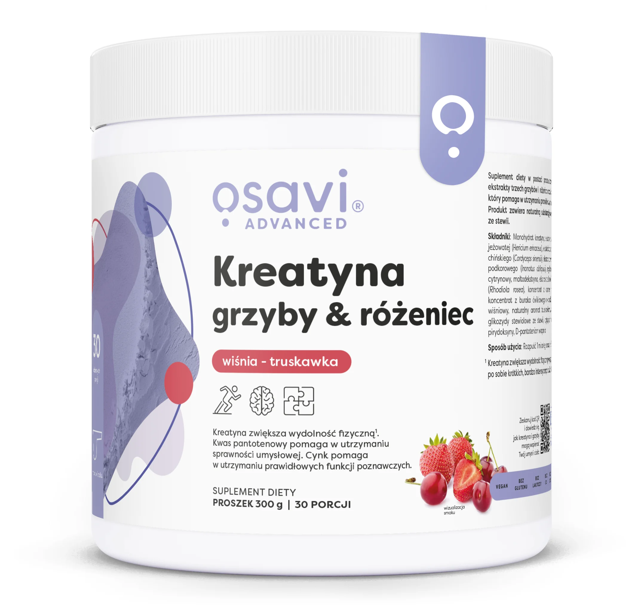 Osavi Kreatyna Grzyby & Różeniec smak wiśniowo-truskawkowy, proszek, 300 g