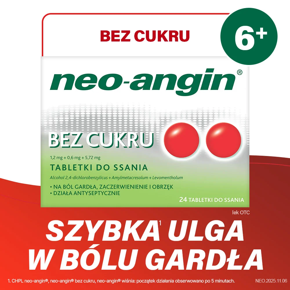 Neo-Angin bez cukru 1,2 mg + 0,6 mg + 5,72 mg 24 tabletki do ssania