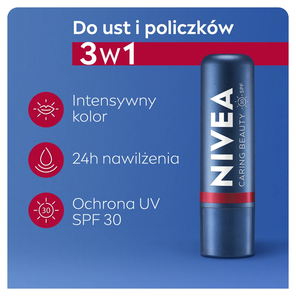 Nivea Caring Beauty 3w1 pomadka pielęgnująca Red, 4,8 g