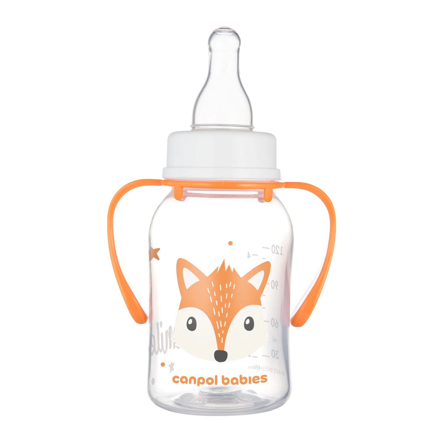Canpol Babies CUTE ANIMALS pomarańczowa butelka z uchwytami 120 ml, 1 sztuka