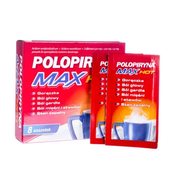 Polopiryna MAX Hot ( Acidum acetylsalicylicum 500 mg + Acidum ascorbicum 300 mg + Coffeinum 50 mg ), 8 saszetek 