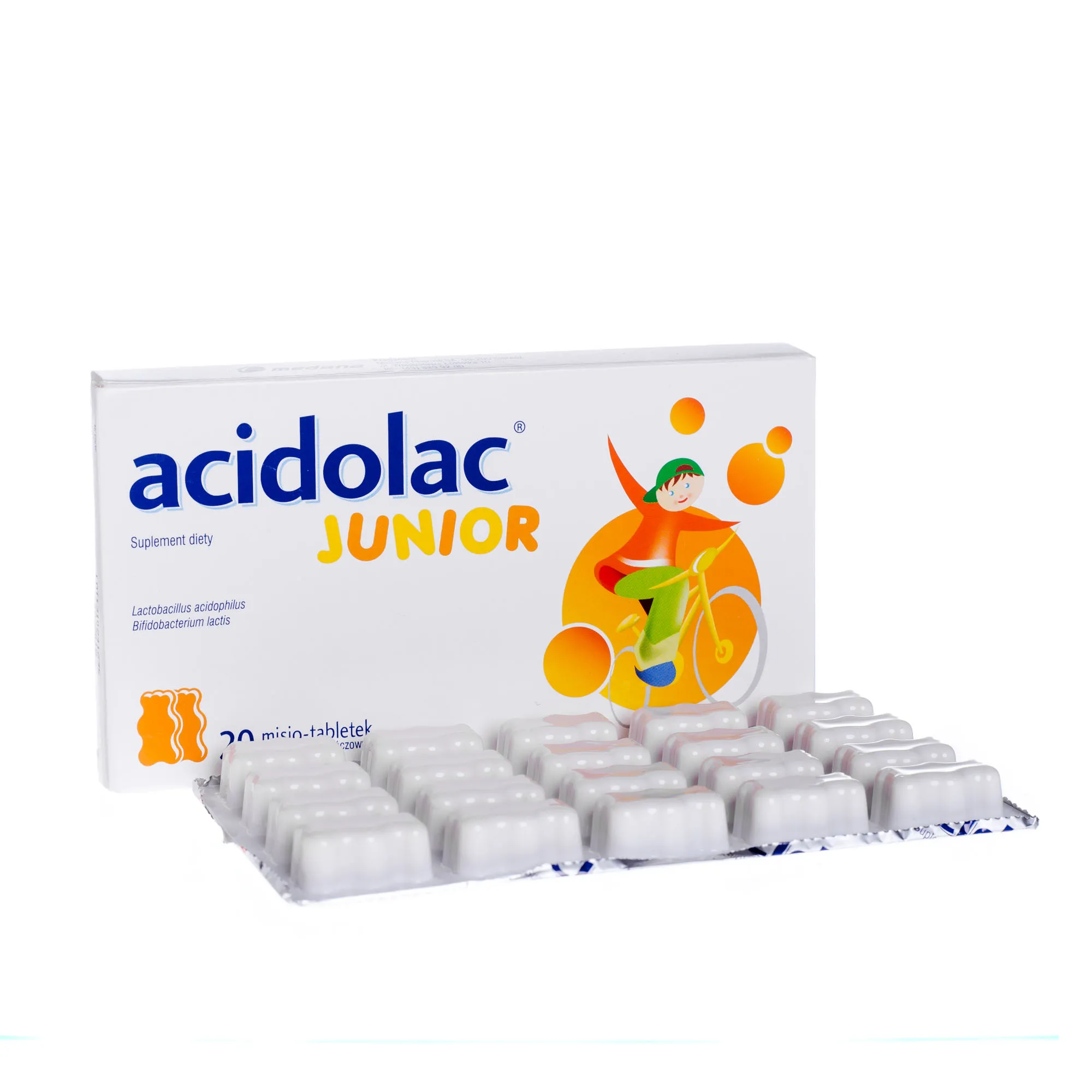 Acidolac Junior, suplement diety, 20 misio-tabletek o smaku pomarańczowym