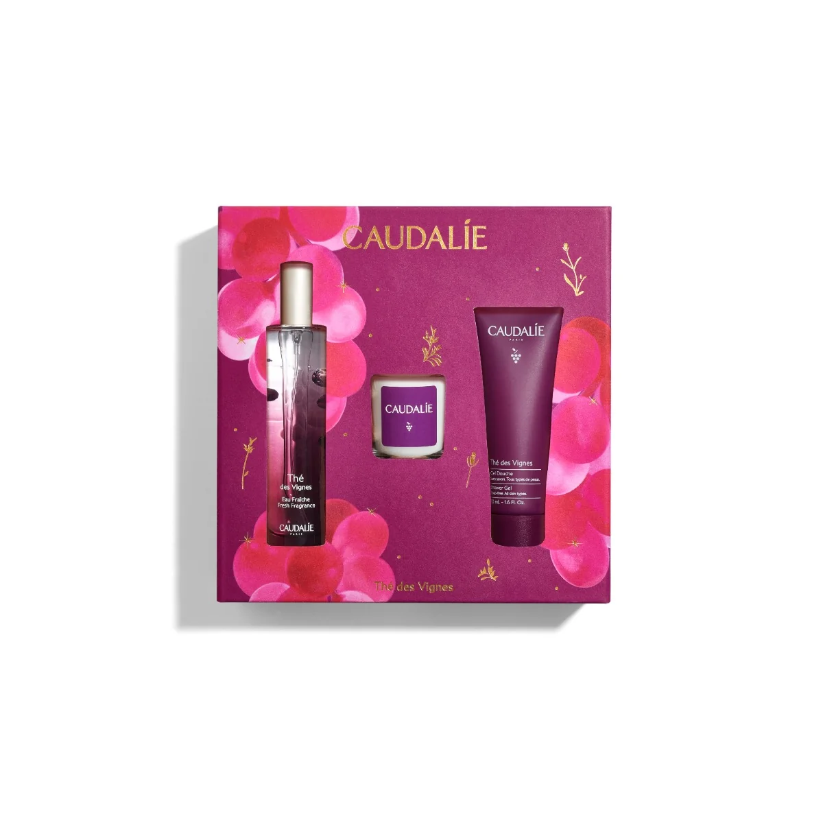Caudalie Zestaw Thé des Vignes woda orzeźwiająca, 50 ml + świeca zapachowa, 35 g + żel pod prysznic, 50 ml
