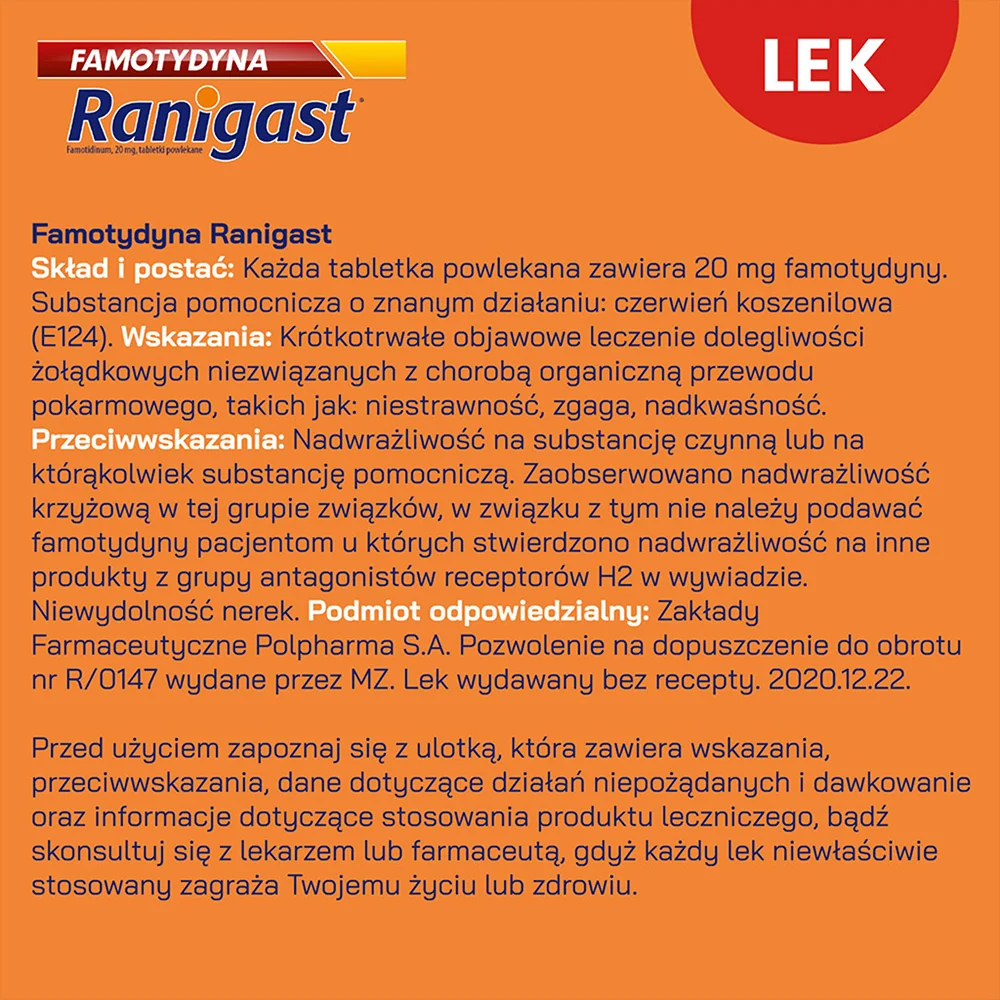 Famotydyna Ranigast 20 mg, 20 tabletek powlekanych