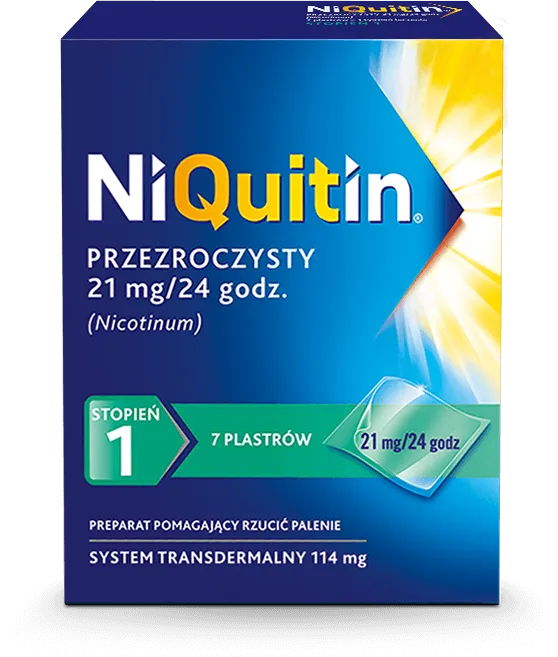 Niquitin przezroczysty, preparat pomagający rzucić palenie. Nicotinum 21 mg / 24 godz.