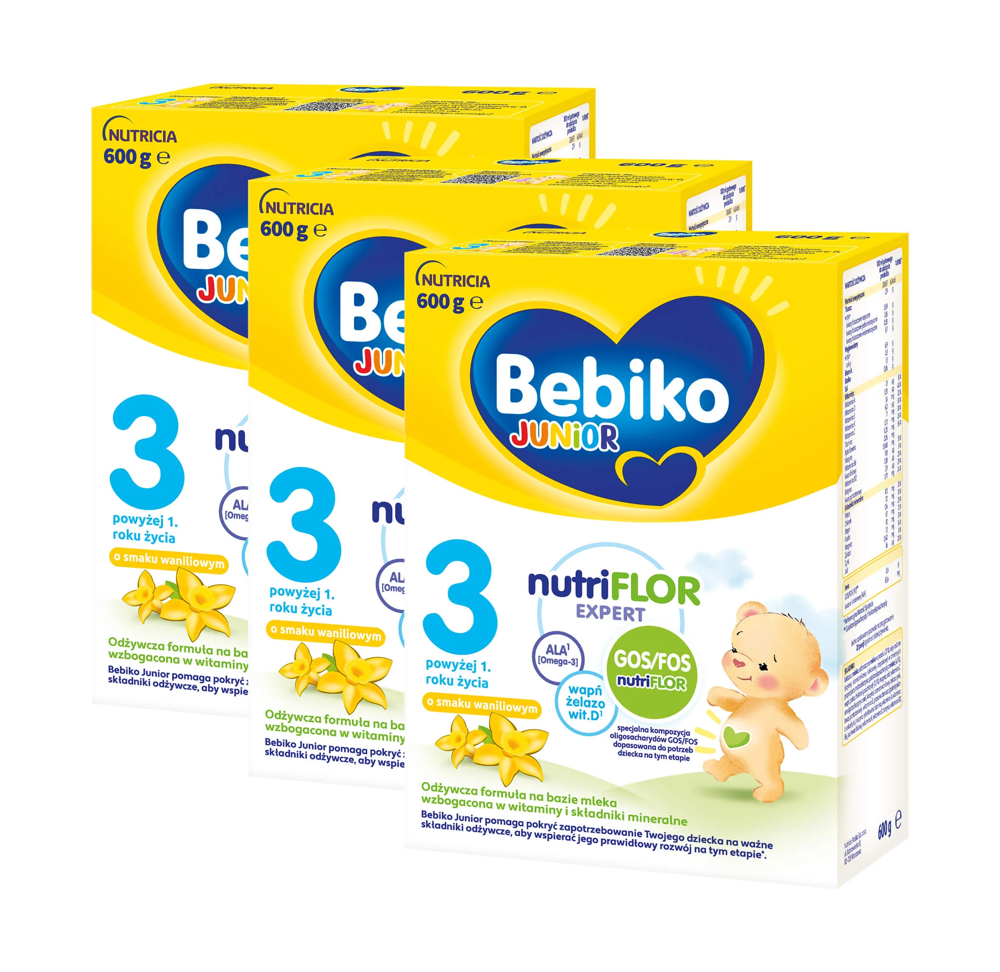 Bebiko Junior 3 Odżywcza formuła na bazie mleka dla dzieci powyżej 1. roku o smaku waniliowym,  3 x 600 g