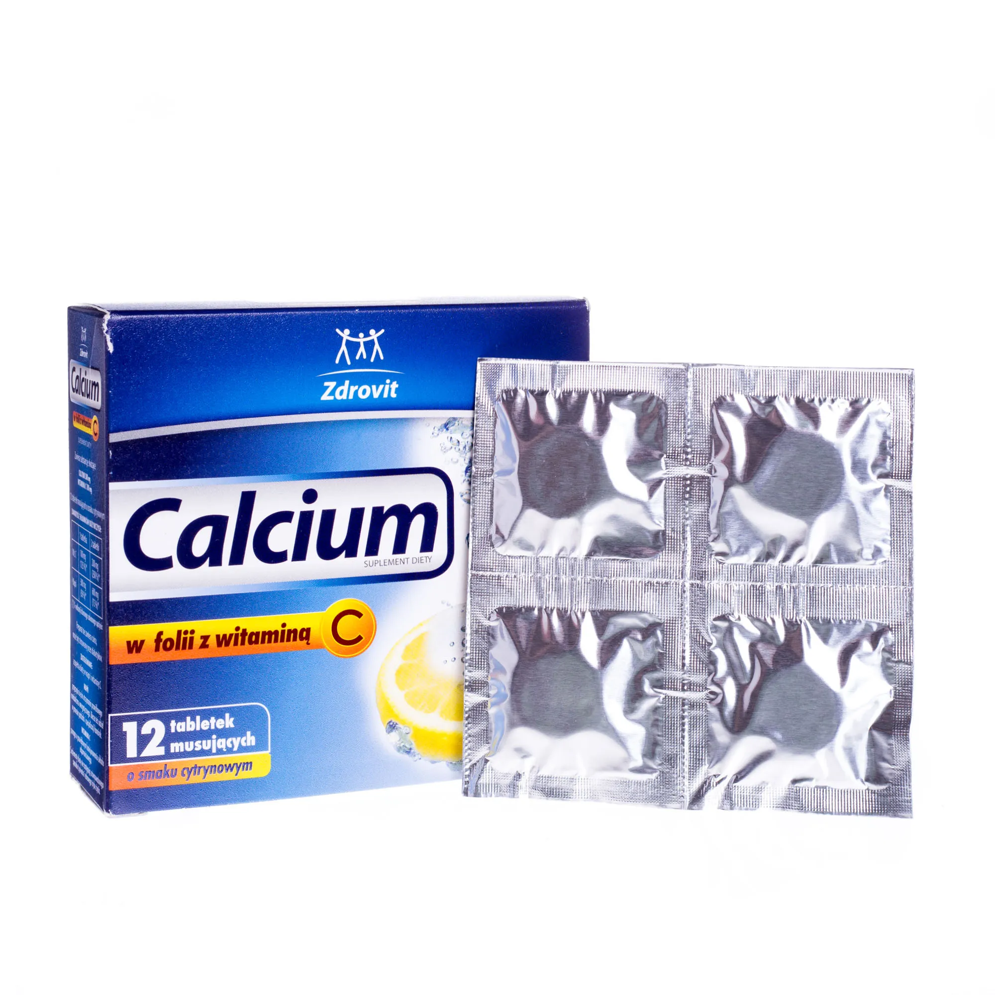 Calcium w folii z wit. C, 12 Tabletek musujących, smak cytrynowy 