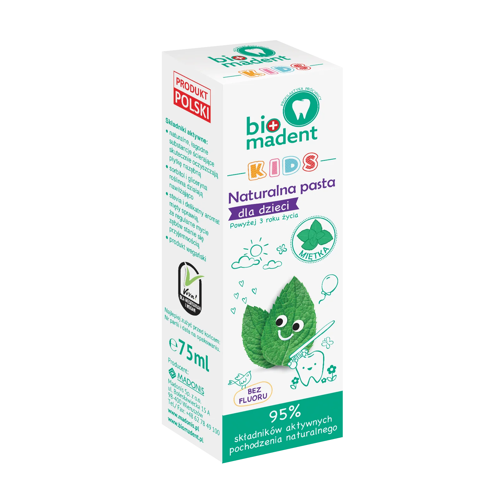 BIO MADENT Kids naturalna pasta dla dzieci powyżej 3 roku życia, Miętka, 75 ml