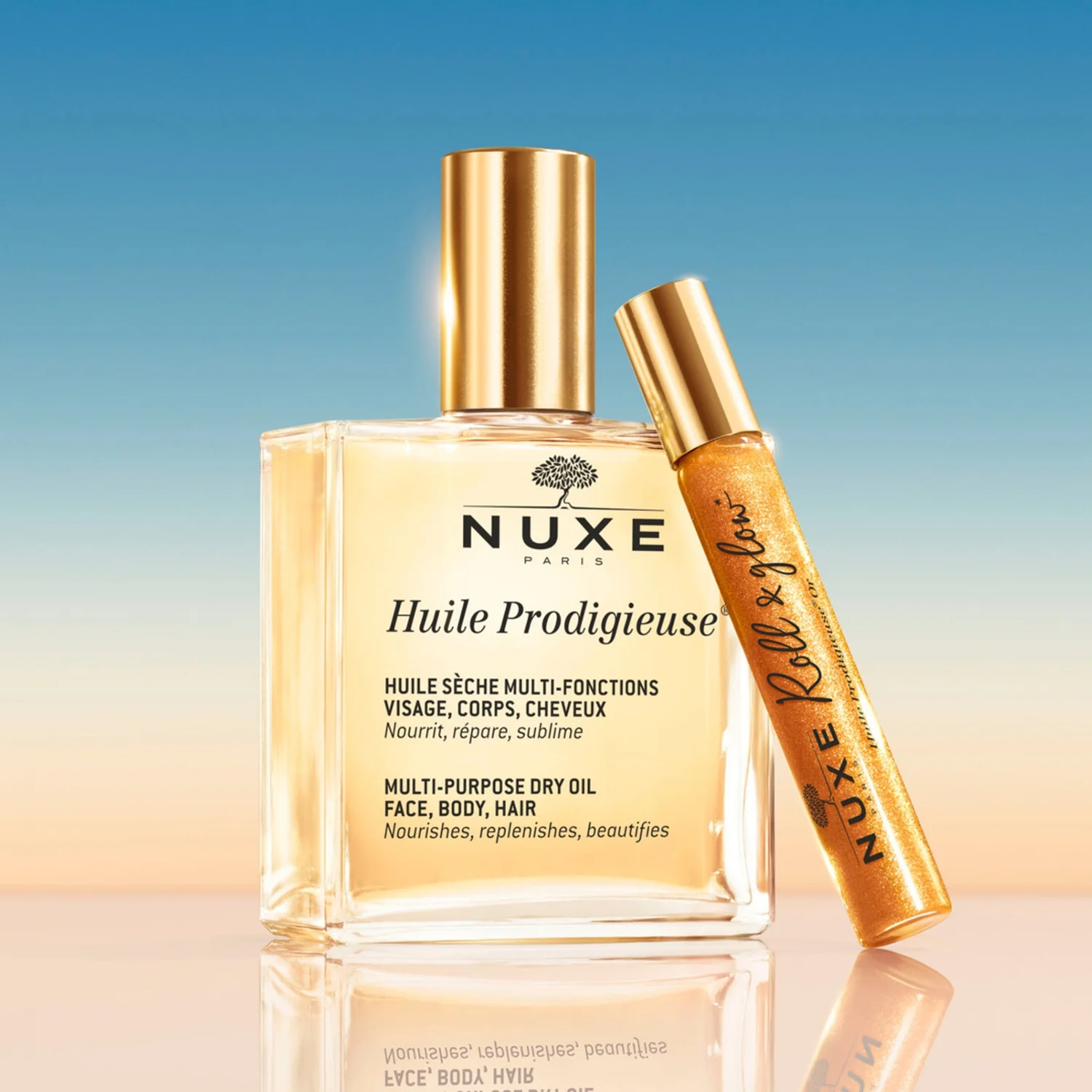 Nuxe Huile Prodigieuse suchy olejek pielęgnacyjny, 100 ml + suchy olejek pielęgnacyjny ze złotymi drobinkami, 8 ml