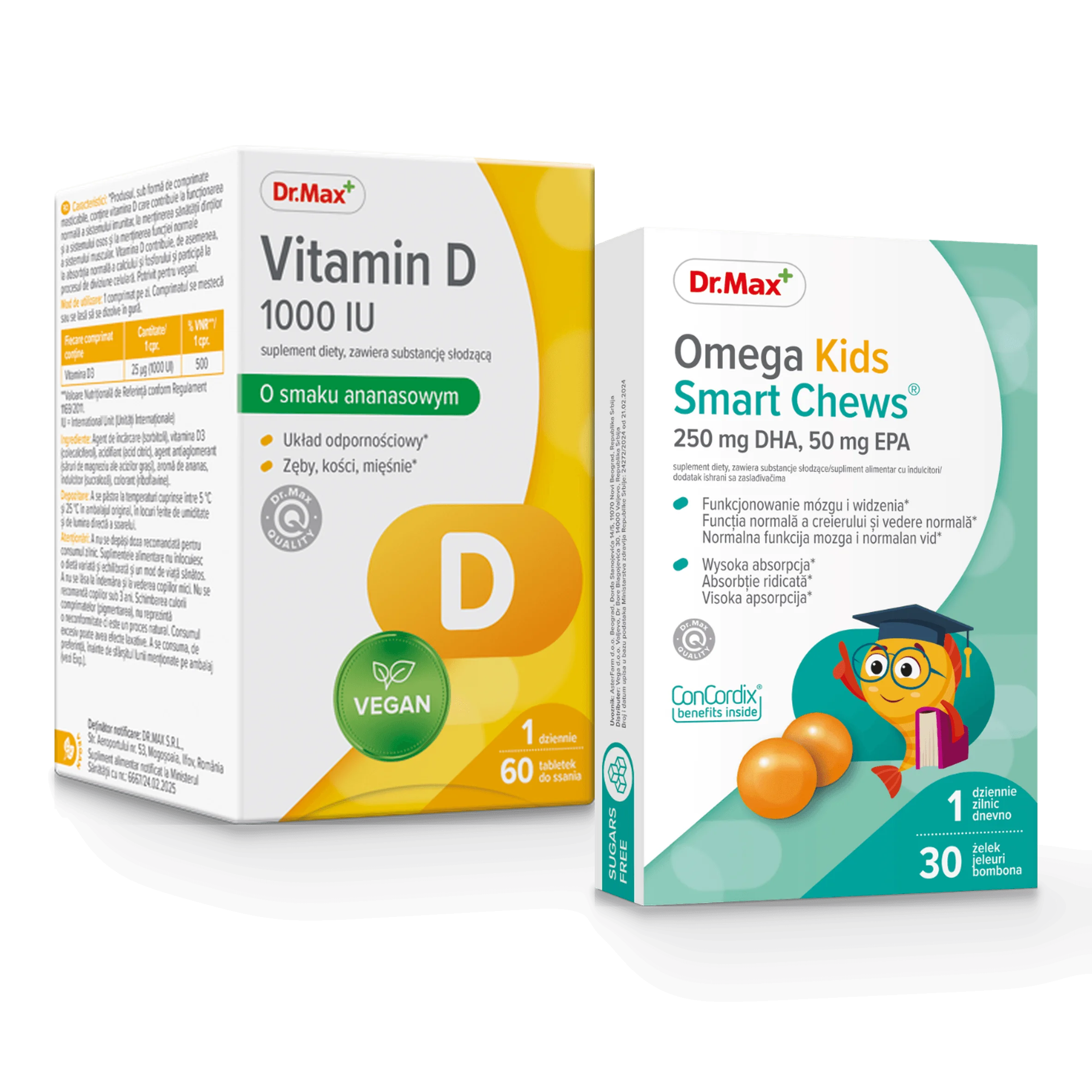 Komplet troski o odporność dziecka Vitamin D 1000 IU Dr. Max 60 pastylek do ssania + Omega Kids Smart Chews® Dr.Max 30 żelek