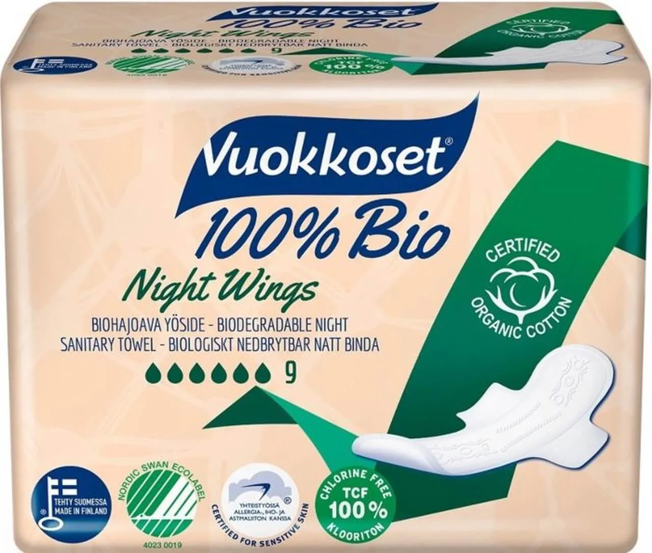 Vuokkoset Bio Night, podpaski ze skrzydełkami na noc, 9 sztuk