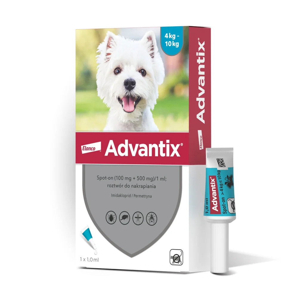 Advantix Spot-on Na Kleszcze i Pchły (100 mg + 500 mg)/1 ml, roztwór do nakrapiania dla psów 4-10 kg, 1 x 1 ml