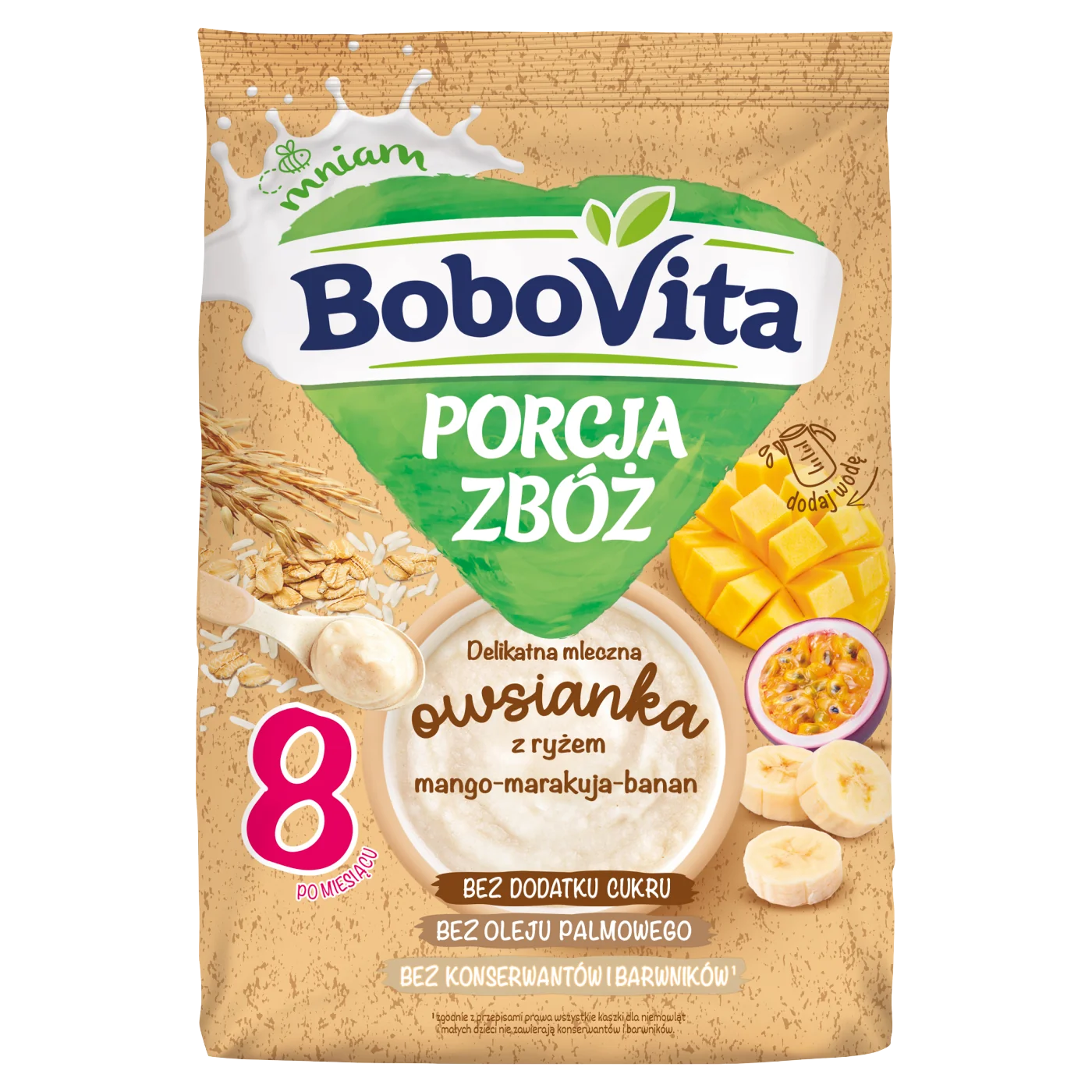 BoboVita Porcja Zbóż delikatna mleczna owsianka z ryżem mango-marakuja-banan, 210 g