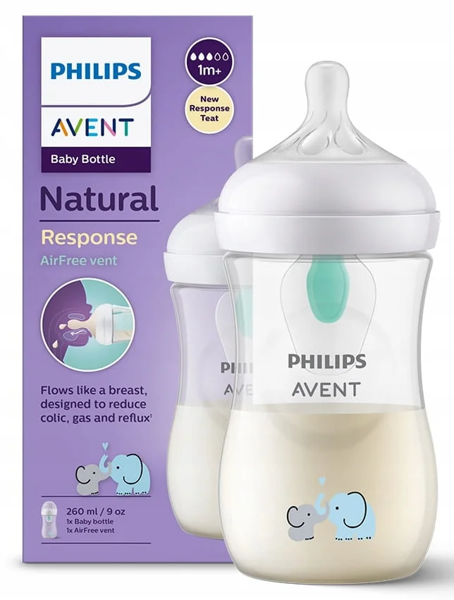Philips Avent Natural Response butelka responsywna z wentylem AirFree ze słonikami SCY673/81, 1 szt.