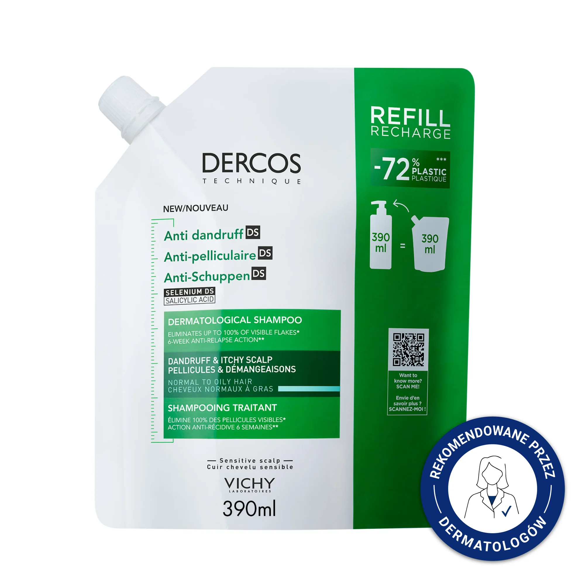 Vichy Dercos DS szampon przeciwłupieżowy do włosów normalnych i przetłuszczających się, REFILL, 390 ml
