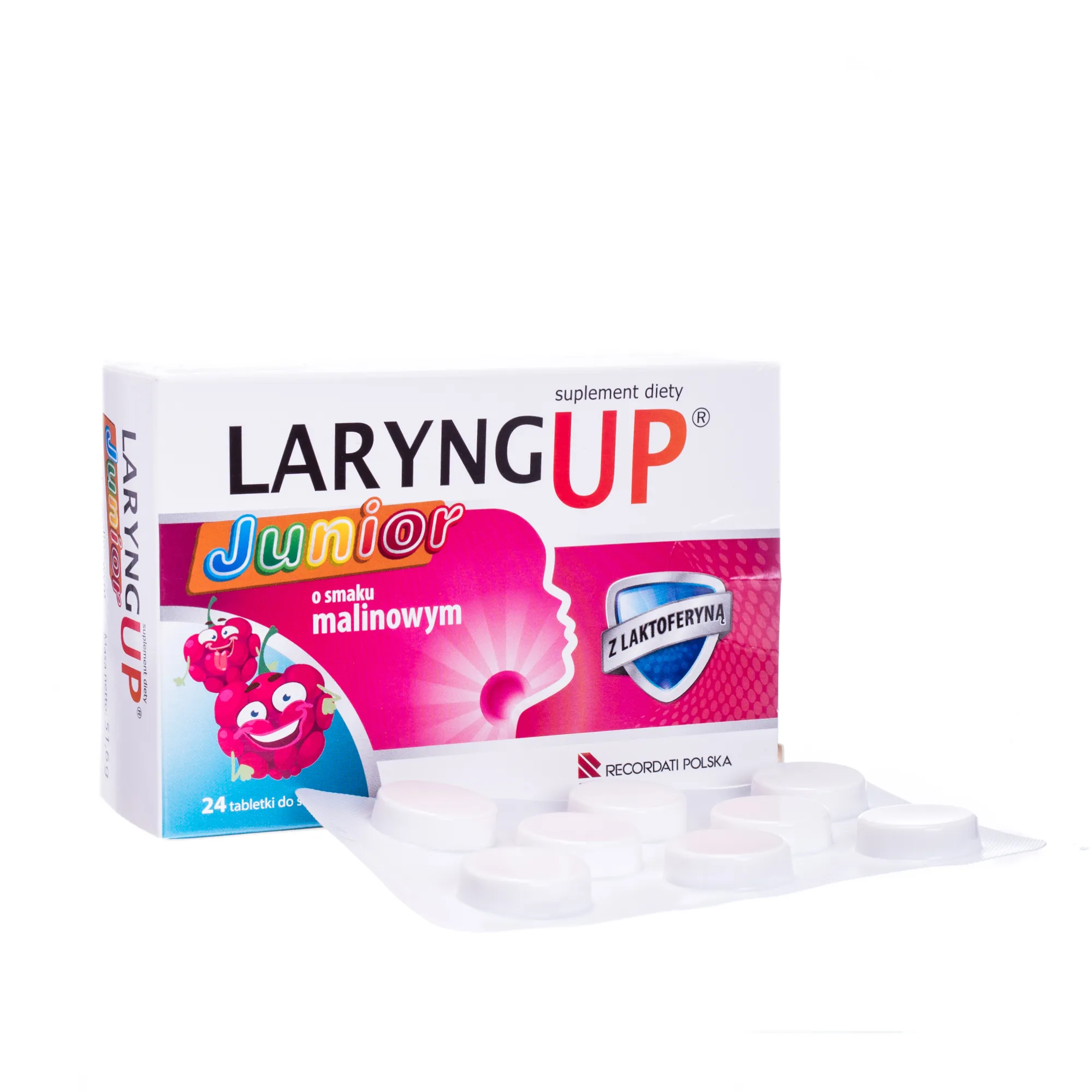 Laryng Up Junior, suplement diety, smak malinowym, 24 tabletki do ssania 