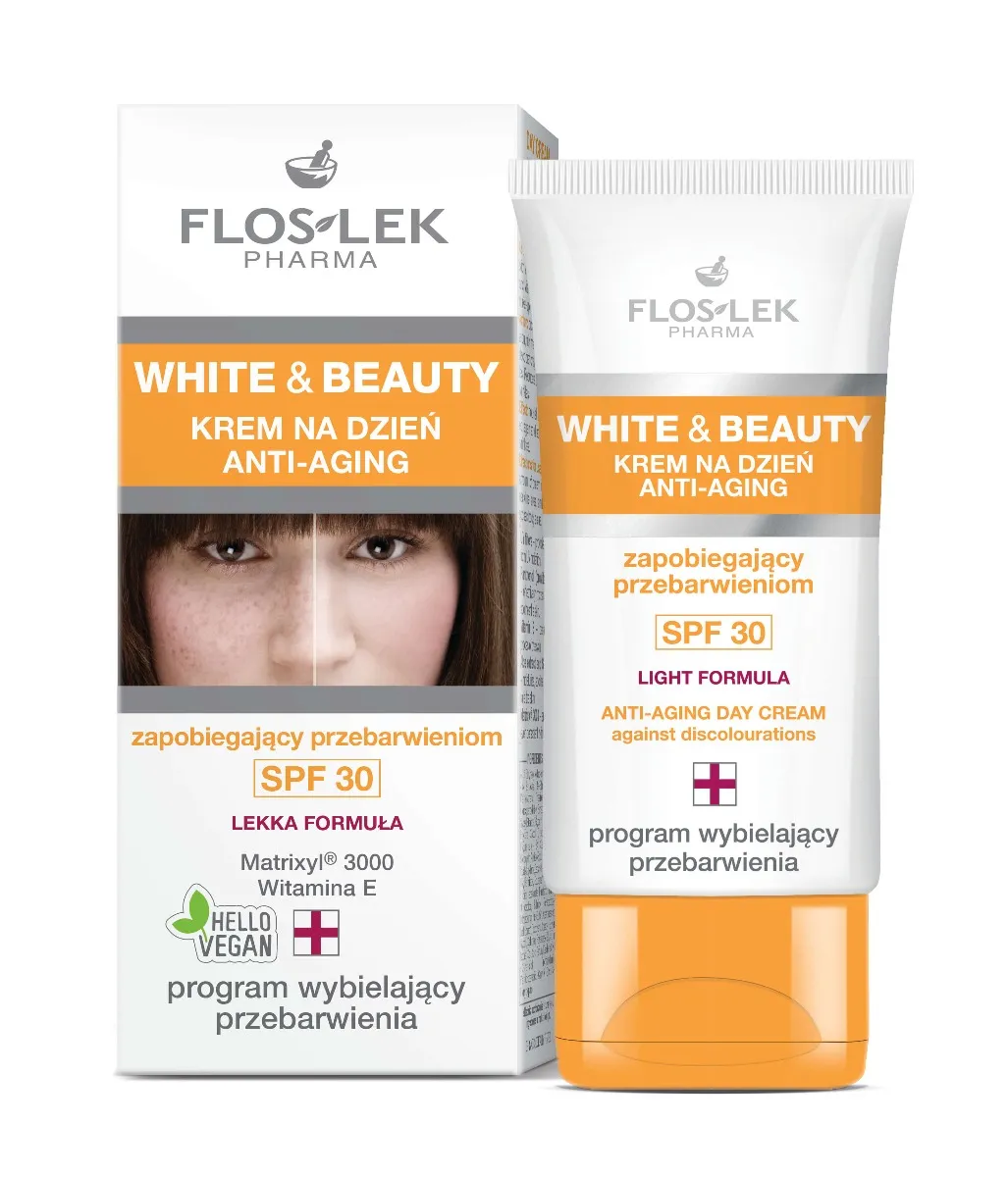 Floslek White and Beauty, krem anti-aging na dzień zapobiegający przebarwieniom, SPF 30, 30 ml