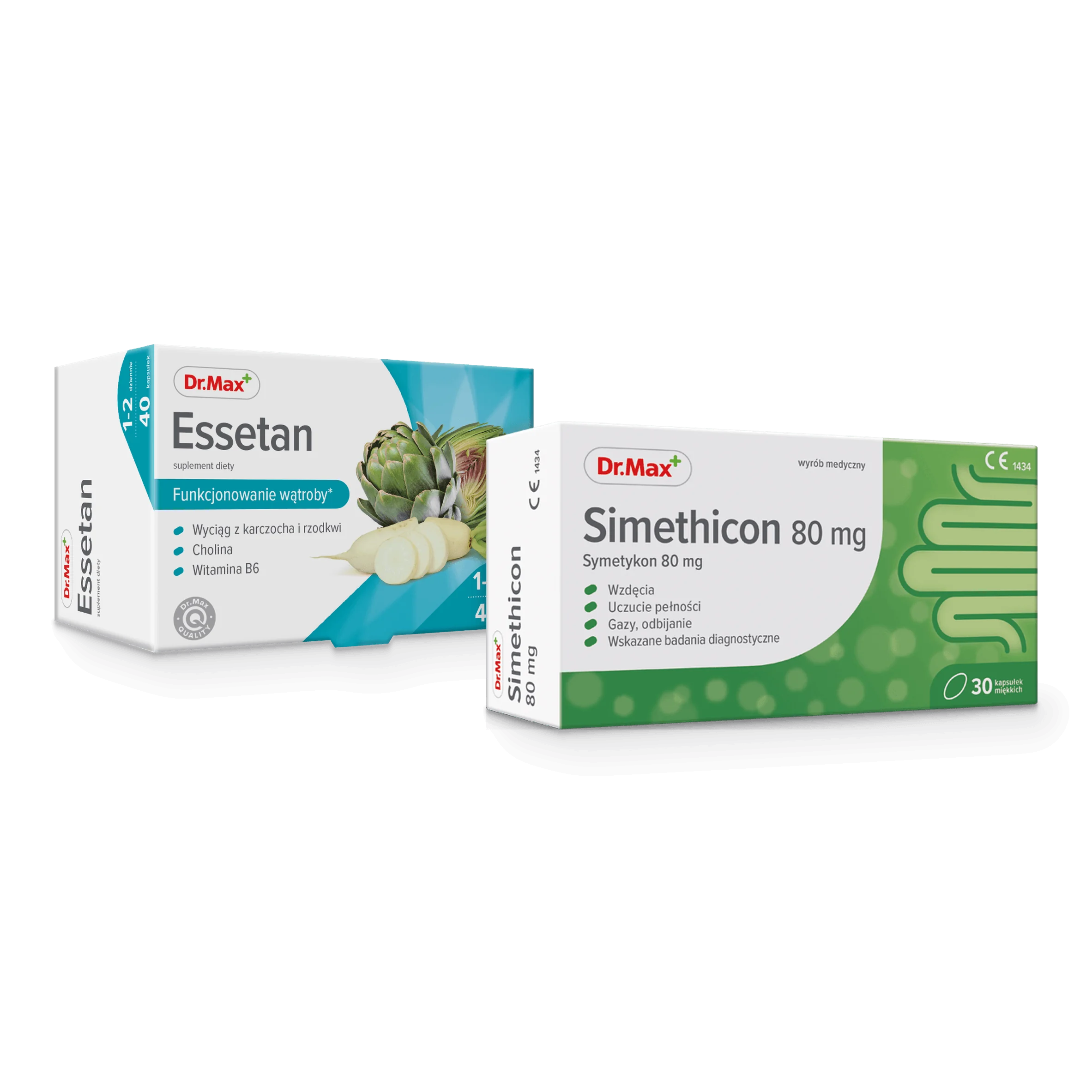 Komplet troski o trawienie Simethicon 80 mg Dr.Max 30 kapsułek + Essetan Dr. Max 40 kapsułek