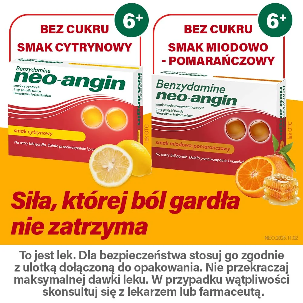 Benzydamine Neo-Angin 3 mg smak miodowo-pomarańczowy, 20 pastylek twardych