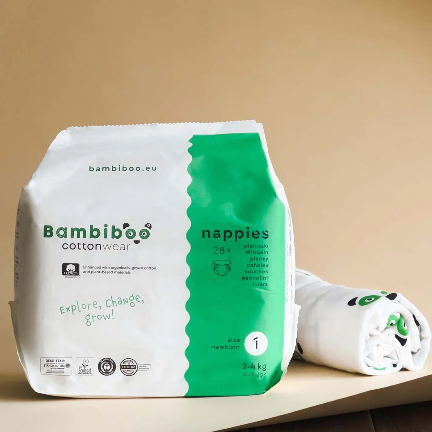 Bambiboo COTTONWEAR jednorazowe pieluszki z bawełną organiczną i wycięciem na pępek rozmiar 1, 28 szt.