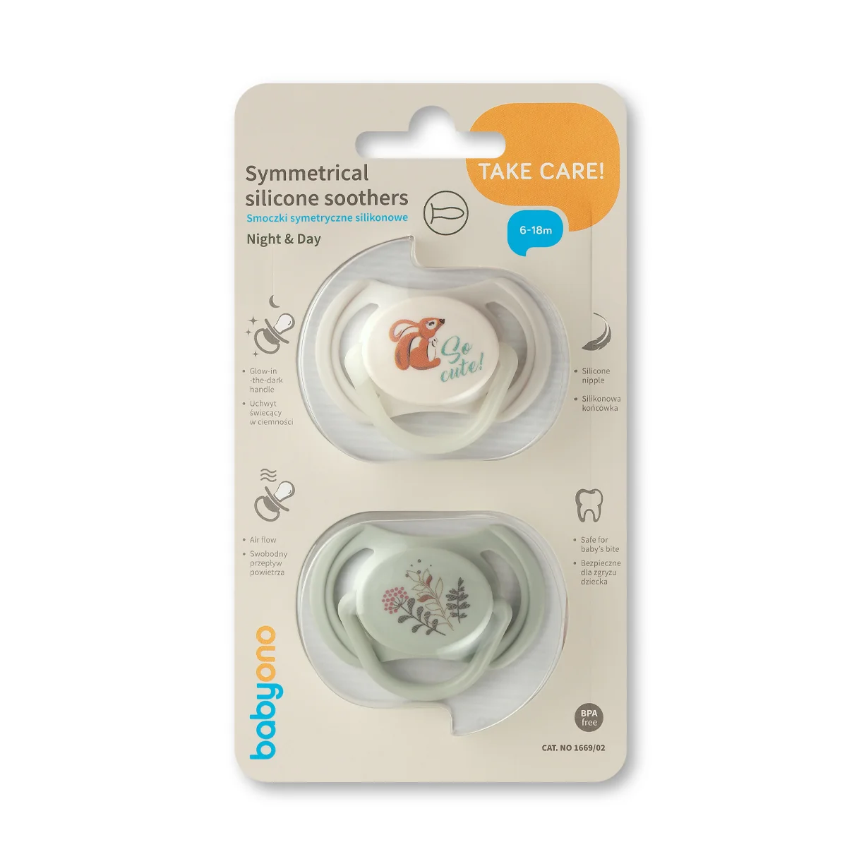 Babyono silikonowy smoczek symetryczny 6-18 m, 2 sztuki