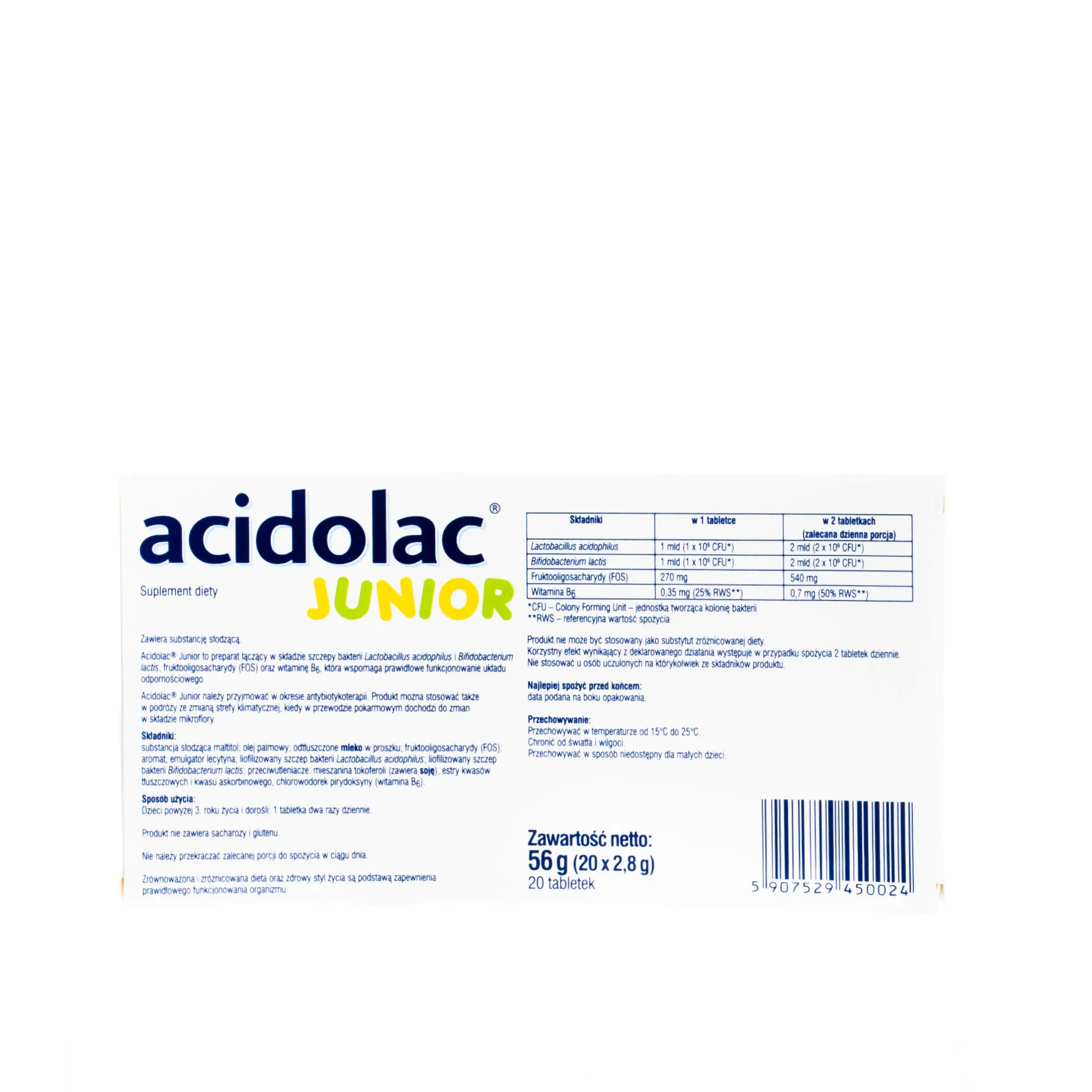 Acidolac Junior - suplement diety wspomagający prawidłowe działanie układu odpornościowego u dzieci, 20 tabletek. 