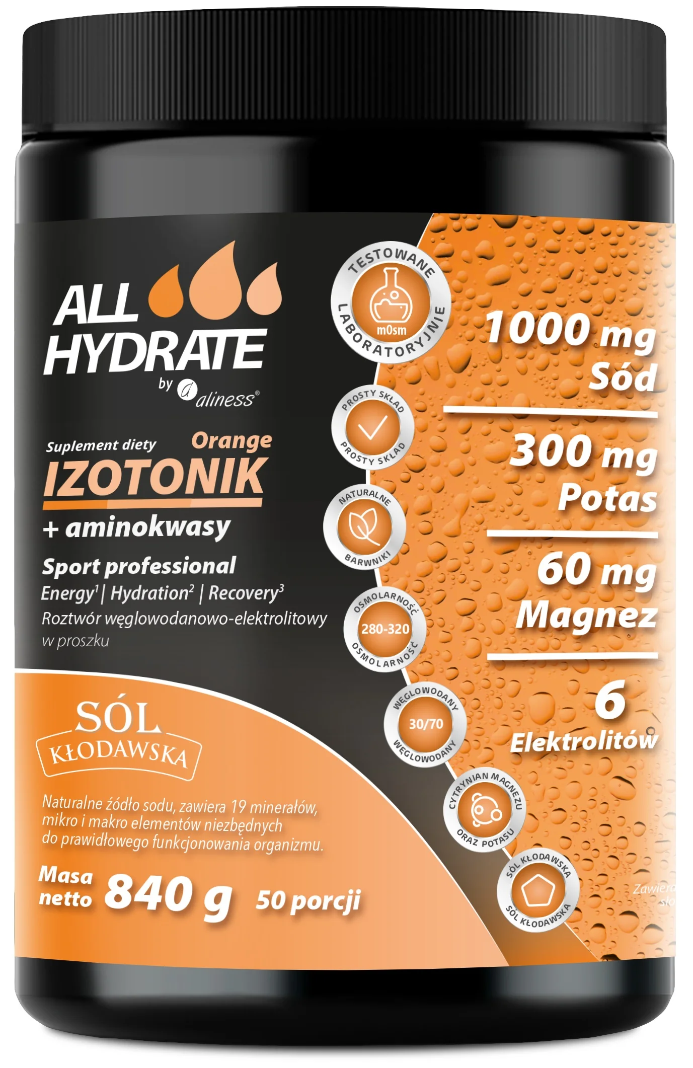 ALLHydrate Izotonik Orange + aminokwasy 840 g, 50 porcji