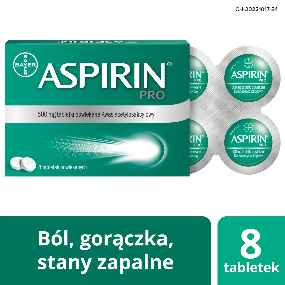 Aspirin Pro tabletki powlekany Kwas acetylkosalicylowy 500 mg / 8 tabletek powlekanych