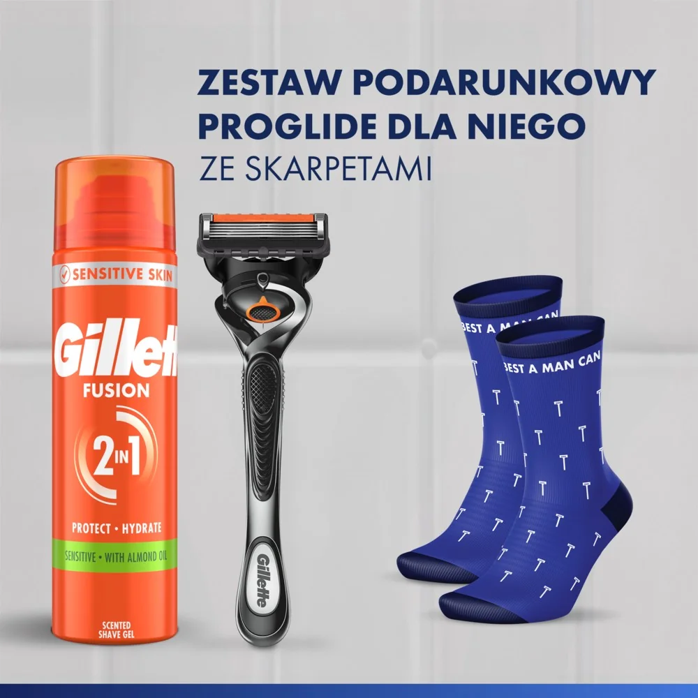 Gillette ProGlide Zestaw męska maszynka do golenia z 5 ostrzami + 2 wkłady wymienne + żel do golenia, 200 ml + skarpetki