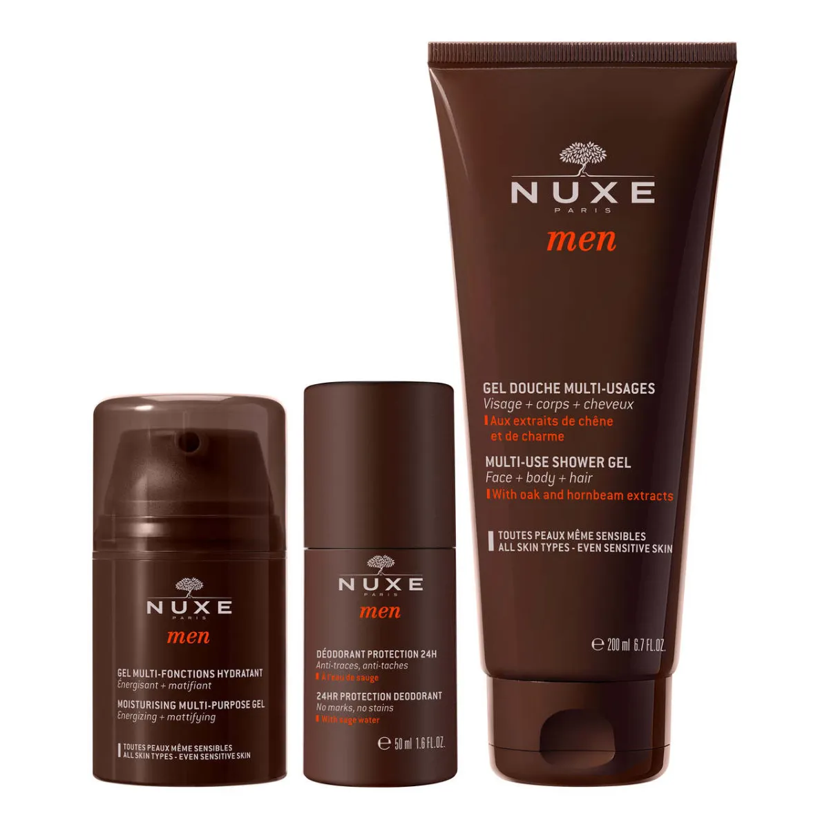 Nuxe Zestaw Men Xmass 2021, wielofunkcyjny żel nawilżający do twarzy, 50 ml + dezodorant roll-on 24-godzinna ochrona, 50 ml + wielofunkcyjny żel pod prysznic, 200 ml 